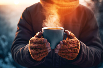 A cozy scene of relaxation as a person holds a hot cup of coffee in hands.