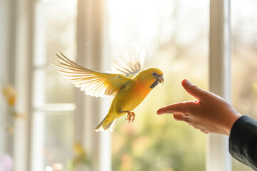 A woman holding her beloved pet parrot, showcasing the bond between human and bird.