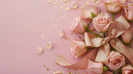 A flat lay of pink roses with a gold bow and glitter on a pink background
