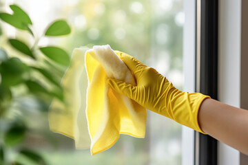 A person wearing rubber gloves wiping the window with a yellow cloth and detergent spray.