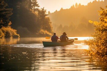 fishermen glides across the tranquil lake in his kayak, enjoying the serenity of the sunset.