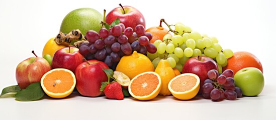 Assorted fruits and vegetables like apples, carrots, bananas, and peppers are neatly arranged on a plain white tabletop