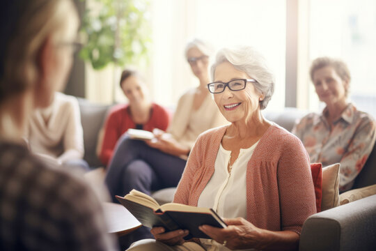 In the cozy comfort of home, a group of senior women gathers for their book club meeting, sharing smiles and lively conversation over their latest literary discovery. - Powered by Adobe