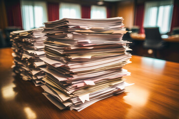 Old documents stacked on a table, representing the importance of archival management in business. - obrazy, fototapety, plakaty
