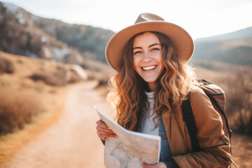 Happy young traveler exploring a beautiful landscape with a map and backpack.