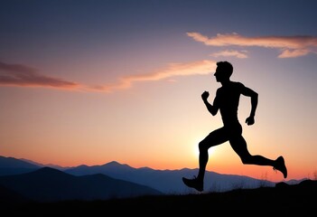 Silhouette of a man running in the mountains at sunset. Healthy lifestyle concept, poster, banner, copy space.