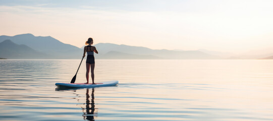 Silhouette of a young woman paddleboarding on the serene sea at sunset, blending fitness with relaxation.