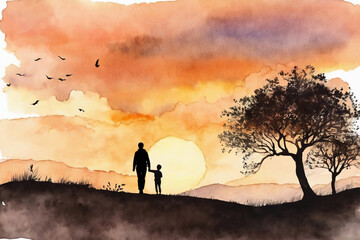 Silhouette watercolor man and child walking outdoors, Father's Day concept, relationship with child, congratulations, poster, banner, copy space.
