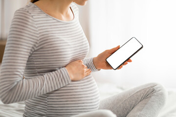Pregnant lady with smartphone showcasing blank screen