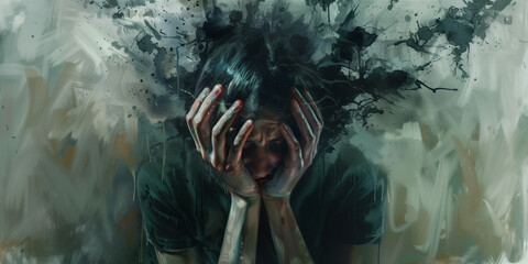 Person suffering from severe depression. Psychology, anxiety, solitude, fear or mental health problems concept. - obrazy, fototapety, plakaty