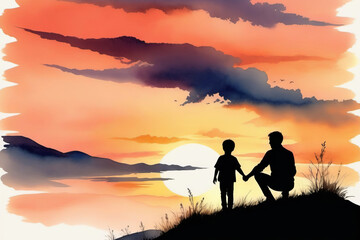 Fototapeta na wymiar Silhouette watercolor man and child walking outdoors, Father's Day concept, relationship with child, congratulations, poster, banner, copy space.
