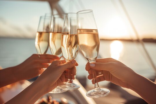 enjoy a romantic toast with glasses of champagne aboard a luxurious yacht, the backdrop of a stunning sunset