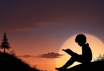 Silhouette of a boy reading a book outdoors at sunset. Concept Book Day, poster, copy space.