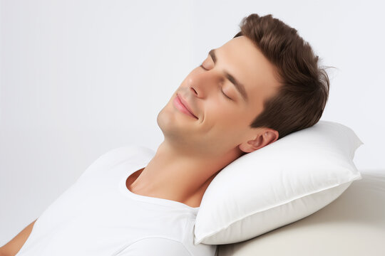 A handsome man enjoys a lengthwise nap on an orthopedic pillow, ensuring a restful sleep.
