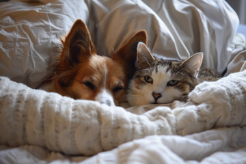 A cat and a dog sleep peacefully together on the sofa, enjoying each other's company and fostering friendship.


