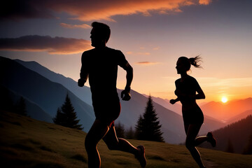 Silhouette of man and woman running in the mountains at sunset. Healthy lifestyle concept, poster, banner, copy space.