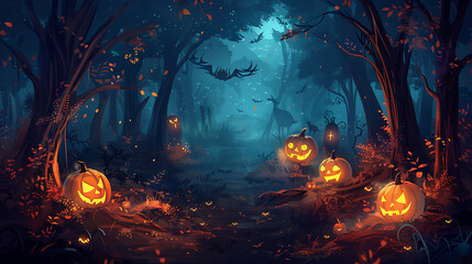Background for Halloween. Dark mysterious forest with pumpkins on a spooky night. Generative Ai - obrazy, fototapety, plakaty