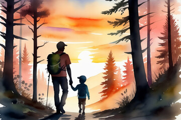 Silhouette of a man and a boy, father and son go hiking in the forest. Father's Day concept, banner, poster.