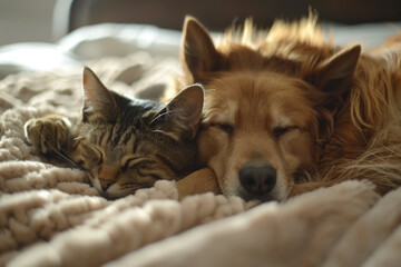 A cat and a dog sleep peacefully together on the sofa, enjoying each other's company and fostering friendship.

