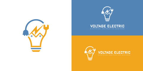 An illustration of a smart bulb lamp with the plug-in, wrench, and silhouette home in orange-yellow, and blue color isolated on multiple backgrounds. The logo is applied to the electrical service logo