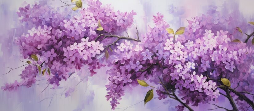 Vibrant and artistic painting featuring a purple tree adorned with lush leaves and delicate flowers on a clean white background