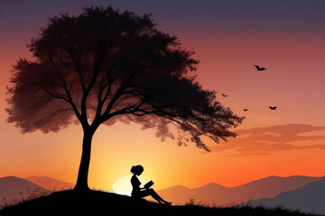 Silhouette of a girl reading a book outdoors at sunset. Concept Book Day, poster, copy space.