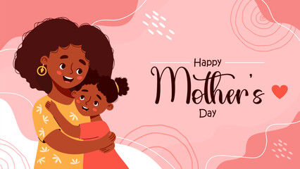 Mother's Day banner. Happy ethnic woman hugs daughter on abstract shapes modern design background. Vector Horizontal festive poster