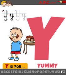letter Y from alphabet with cartoon illustration of yummy phrase