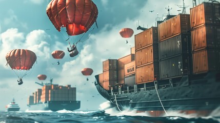 Airdrop operation delivering humanitarian or military supplies from aircraft via parachutes, with cargo landing to ground. Logistical operation aiding those in need or supporting military missions.