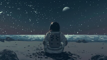 A minimalist logo featuring an astronaut relaxing by the beach under the night skies. - obrazy, fototapety, plakaty