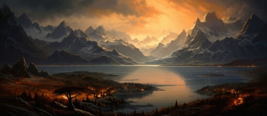 Scenic painting of a calm lake nestled amidst towering mountains in the background, showcasing a...