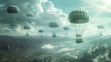 Airdrop operation delivering humanitarian or military supplies from aircraft via parachutes, with cargo landing to ground. Logistical operation aiding those in need or supporting military missions. - obrazy, fototapety, plakaty