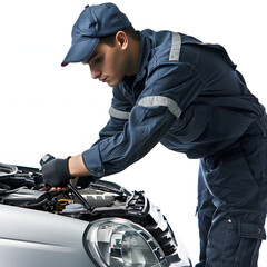 A mechanic repairing a car in an auto shop isolated on white background, text area, png

