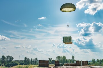 Airdrop operation delivering humanitarian or military supplies from aircraft via parachutes, with cargo landing to ground. Logistical operation aiding those in need or supporting military missions. - obrazy, fototapety, plakaty