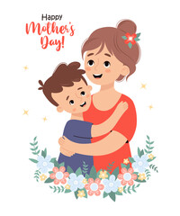 Cute woman mother with her smiling son. Holiday postcard happy Mothers day. Vector illustration