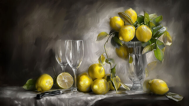 a painting of a vase of lemons and a glass of wine and a pair of glasses on a table.