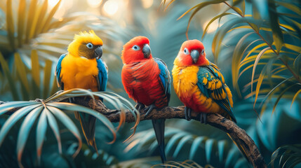 Vibrant Birds Amidst Palm Trees