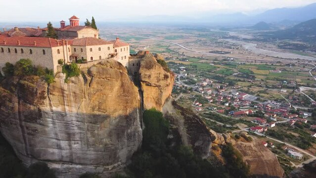 Aerial view of Monastery of Saint Stephen (Agios Stefanos Monastery) in Meteora, Greece. St. Steven Monastery, a UNESCO World Heritage site.