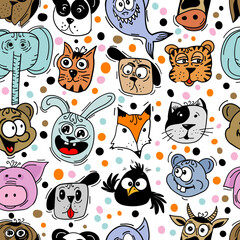 Seamless pattern of colored funny animals. Not AI, Color flat Vector illustration.