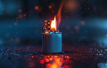 a lighter with a burning flame on a dark background, for smokers' style - obrazy, fototapety, plakaty