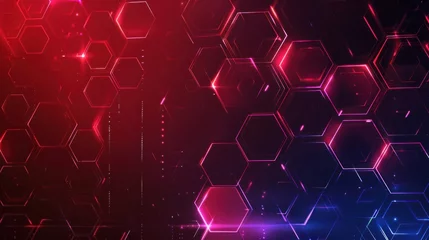 Fotobehang Abstract dark hexagon red and blue pattern on red neon background technology style. Modern futuristic geometric shape web banner design. © matoya