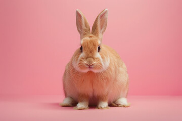 A purebred rabbit poses for a portrait in a studio with a solid color background during a pet photoshoot.

