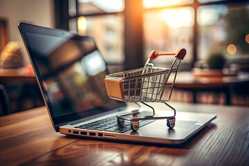 This vibrant illustration depicts the ease and accessibility of online shopping. A miniature shopping cart, rests playfully beside a sleek laptop screen.