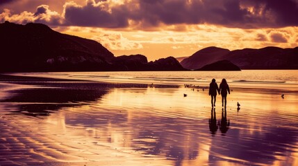 Fototapeta premium a couple of people standing on top of a beach next to a body of water with mountains in the background.