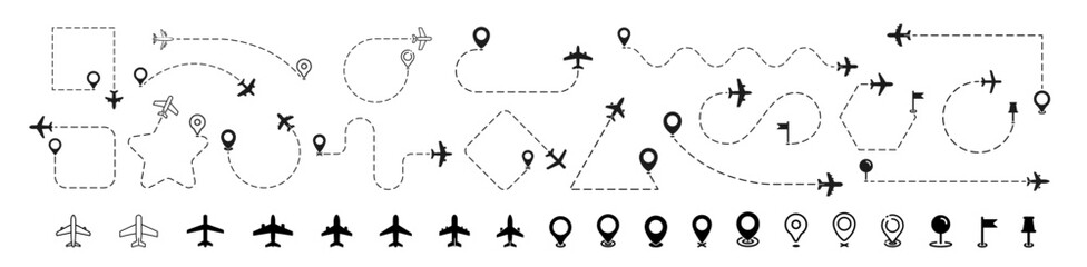 Airplane line path icon. Plane paths. Aircraft tracking, planes, travel, map pins, location pins