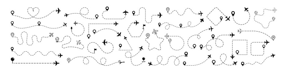 Plane path with location pins vector illustration. Airplane routes set. Plane route line. Plane paths. Aircraft tracking, planes, travel, map pins, location pins