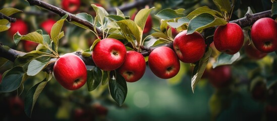 Fototapeta premium Ripe red apples clustered together and hanging from the branches of a tree in an orchard