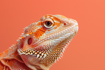 A purebred lizard poses for a portrait in a studio with a solid color background during a pet photoshoot.

