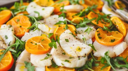 a close up of a plate of food with oranges and scallops on it with a fork on the side.