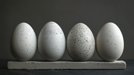 a row of white eggs sitting on top of a block of concrete with speckled eggs in the middle of the row.
